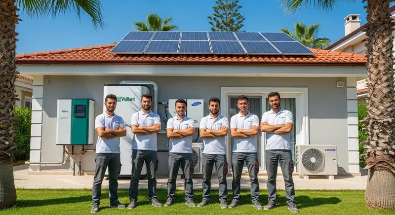 089 Bayern kurulum ekibi tamamlanmış 4-in-1 enerji sistemi önünde Antalya villası güneş paneli ısı pompası klima batarya başarılı proje referans Türkiye