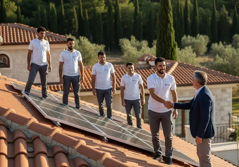 089 Bayern kurulum ekibi Alanya villasında güneş paneli ve Vaillant ısı pompası montajı yapıyor profesyonel 4-in-1 enerji sistemi kurulumu Akdeniz sahili