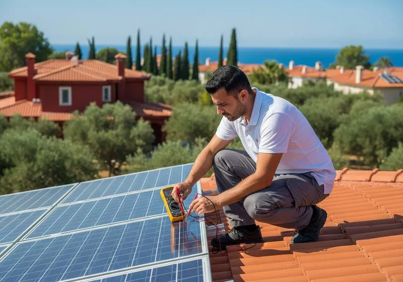 089 Bayern teknisyeni güneş paneli test ölçüm ve verimlilik kontrolü yapıyor Akdeniz villası photovoltaik sistem performans analizi Antalya Alanya