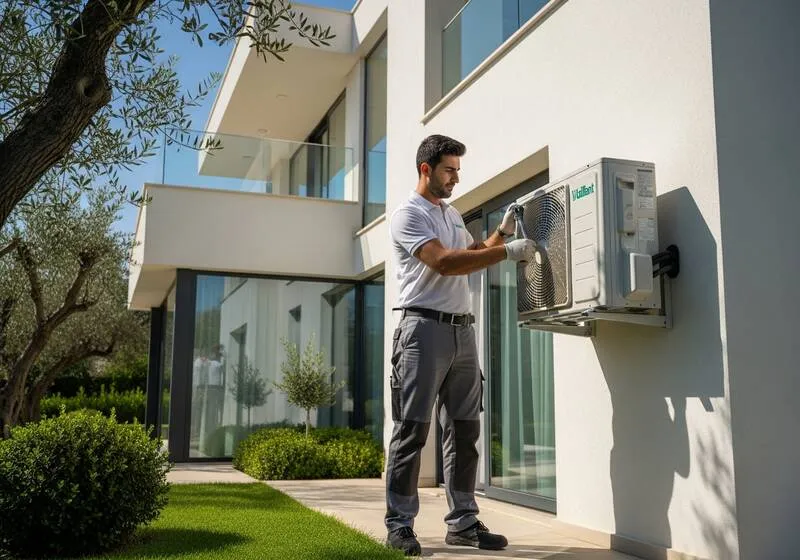 Vaillant aroTHERM ısı pompası dış ünite kurulumu Akdeniz villasında profesyonel montaj kış ısıtma yaz soğutma sistemi