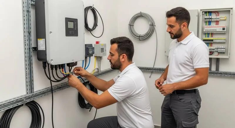089 Bayern elektrik ekibi photovoltaik inverter kablo bağlantısı güneş paneli elektrik tesisatı villa çatısı Antalya