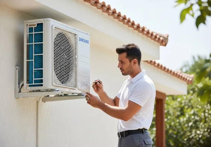 089 Bayern teknisyeni Samsung WindFree klima iç dış ünite montajı yapıyor Antalya villası enerji verimli sessiz soğutma ısıtma sistemi kurulumu Akdeniz