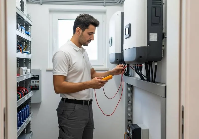 089 Bayern teknisyeni güneş paneli inverter kablo bağlantısı yapıyor villa çatısı photovoltaik sistem kurulumu Antalya Alanya Akdeniz